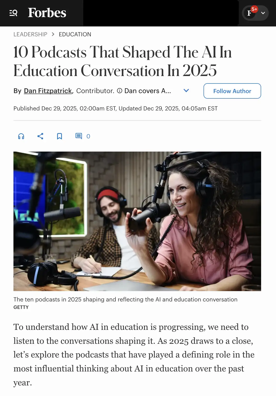 Forbes - Top 10 Podcasts shaping AI in education